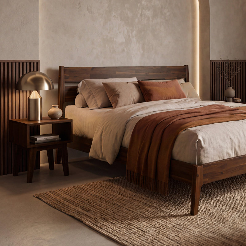 Callisto King Solid Wood Bed Frame with Headboard – Walnut Mid-Century Platform Bed, No Box Spring Required, Walnut, King