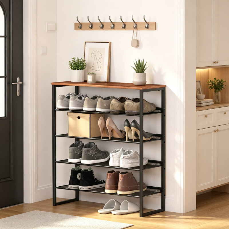 Range-chaussures, range-chaussures robuste en acier à 5 niveaux pour porte d'entrée, vestibule, garde-robe, tablettes de rangement en filet de style industriel avec tablette supérieure spacieuse, 11,8 po x 36,2 po x 31,5 po