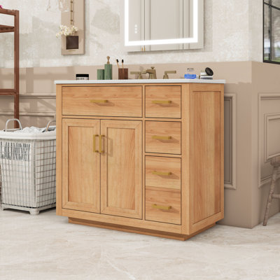 Meuble-lavabo autoportant élégant avec lavabo en céramique, tablette réglable et tiroirs à fermeture en douceur