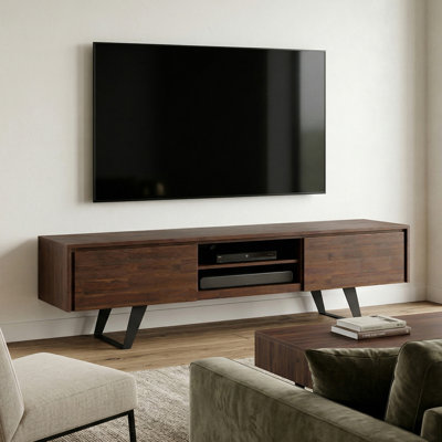Meuble télé en bois massif pour téléviseur de 80 po ou moins avec baies et tablette ouverte Lowry