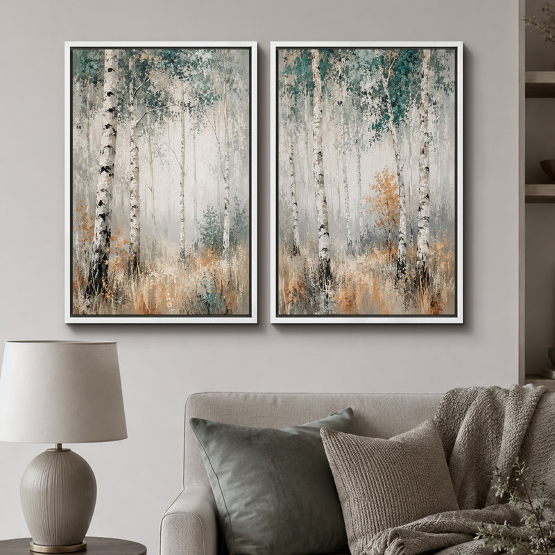 «Teal Birch Forest», art de salon, impression sur toile encadrée, 2 pièces, 24" H x 32" W x 1.5" D, White Frame
