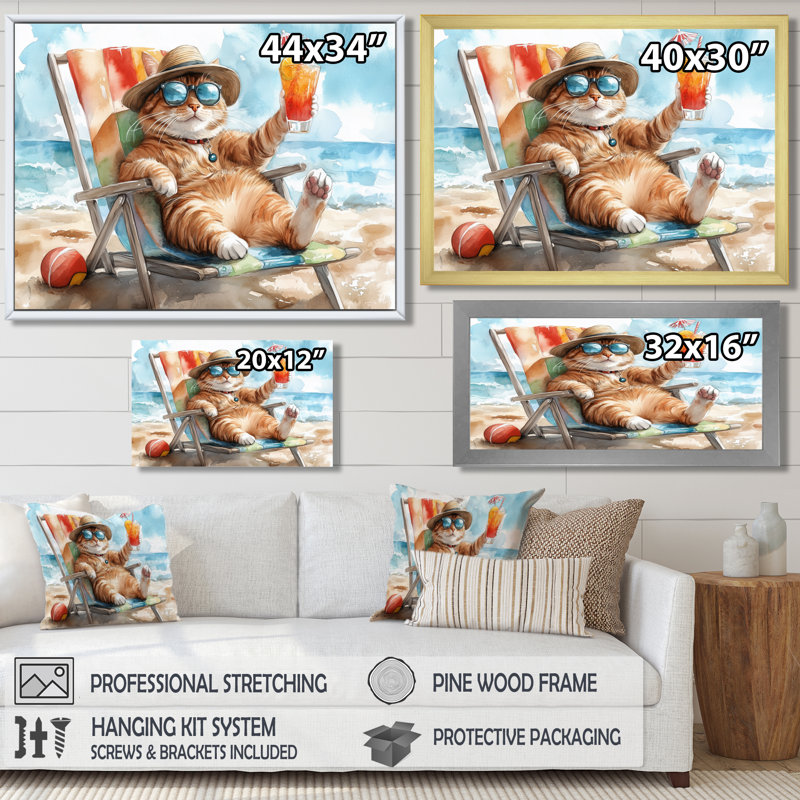 Chat sur la plage, salon II - art mural animal côtier, salon, Toile tendue, H 24 po x l 32 po x P 1 po