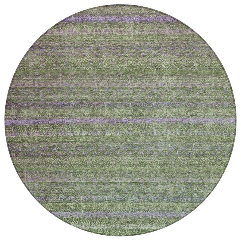 Tapis extérieur lavable rayé vert olive et mauve 8 pi