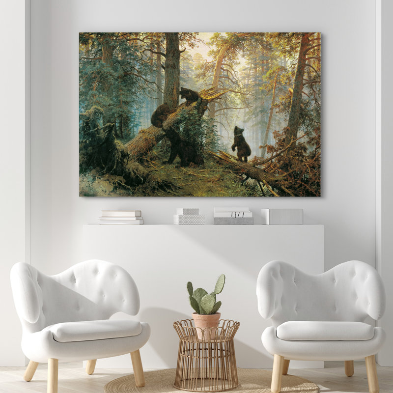 Morning in Pine Forest Canvas Art with Black Bears