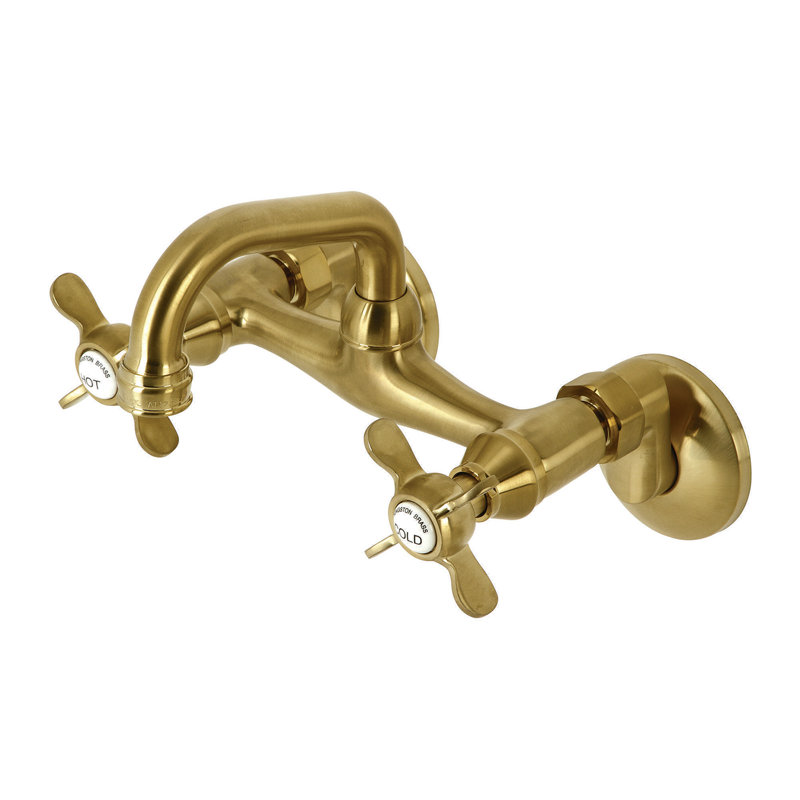 Kingston Brass Kingston Two-Handle 2-Hole Wall Mount Bar Faucet, Cross Handle, Brushed Brass
