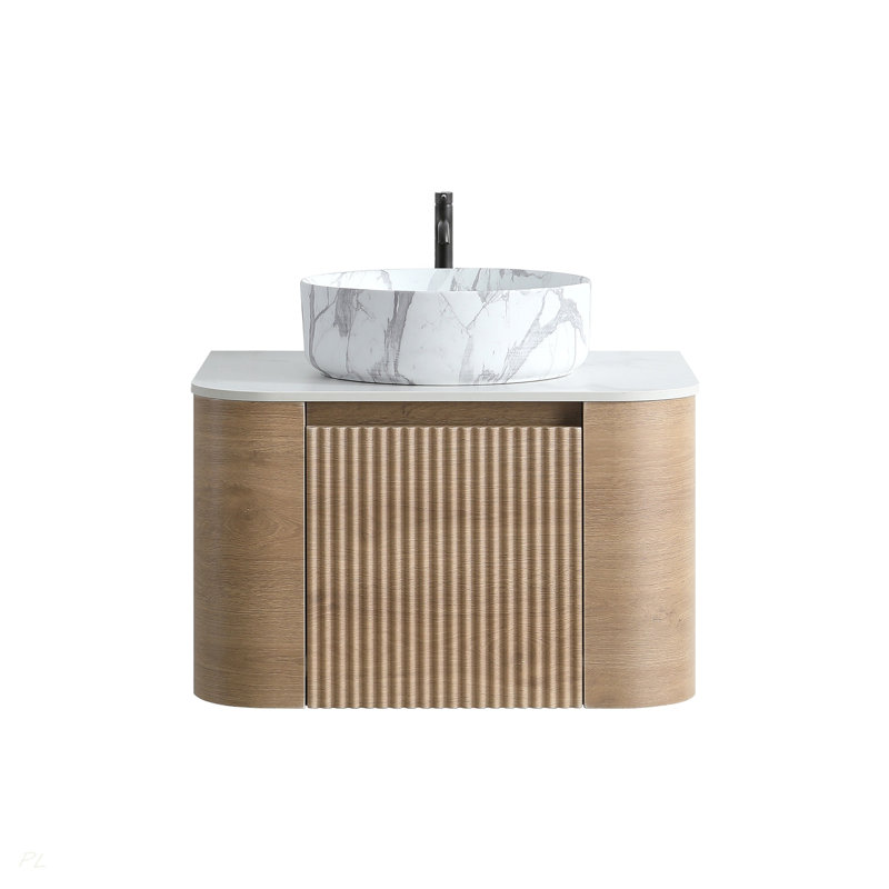 Meuble-lavabo de 24 po avec lavabo, armoire murale en chêne miel avec porte-serviettes gratuit, conception de lavabo simple en céramique de Carrare blanc, sans drain et robinet, pré-assemblé