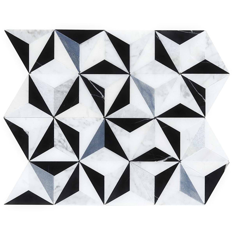 Phantasm 14x18 Triangles Polished Mixed Marble Mosaic Tile, Winter Sky Blue/White