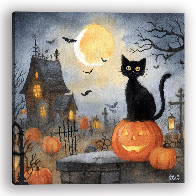 «Halloween Cat on Pumpkin Night», art mural sur toile