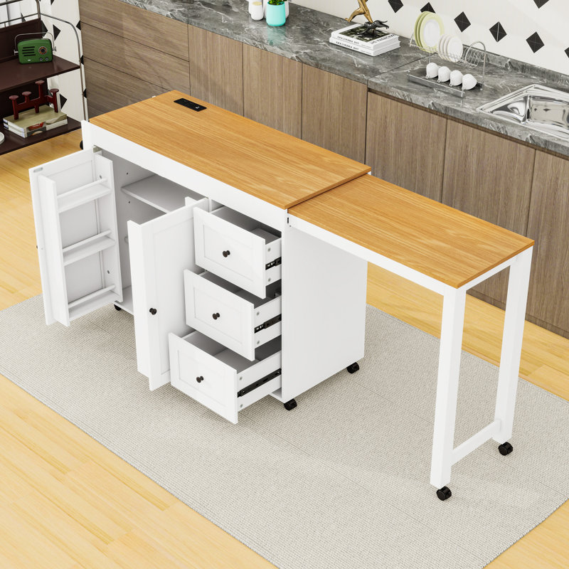 Rolling Kitchen Island Cart with Extendable Table, 3 Drawers, Storage Cabinet and Power Outlet, White