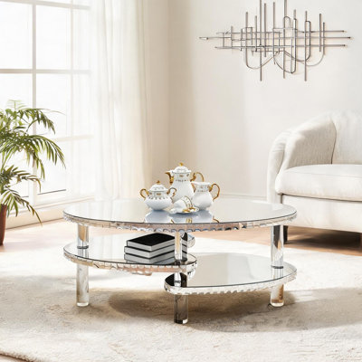 Table basse ovale à double couche avec plateau en verre miroitant et pieds en acrylique de couleur argent classique pour une vie compacte