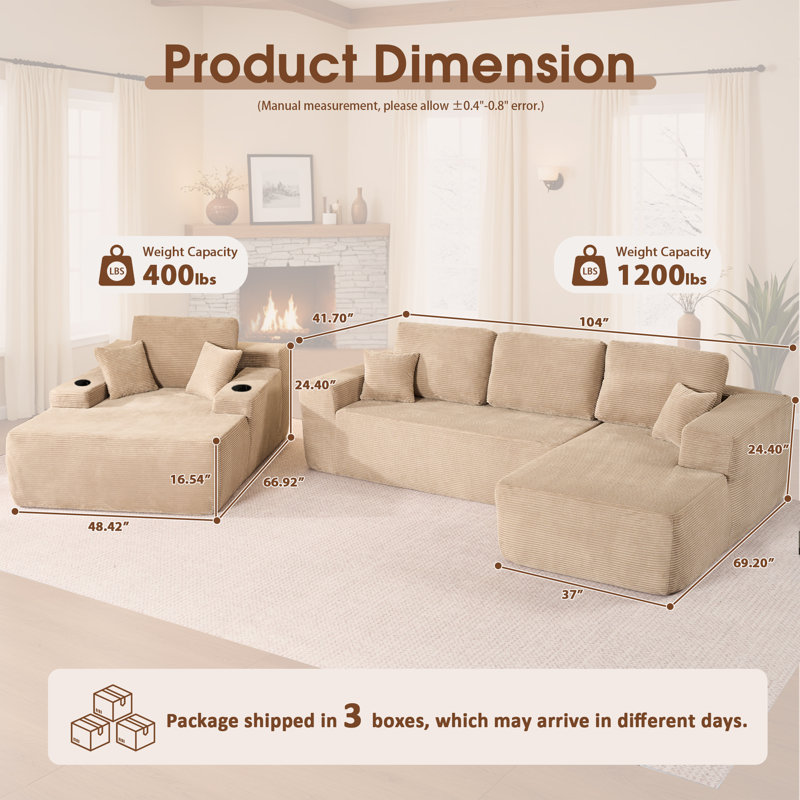 Ensemble de salon 3 pièces sans assemblage, canapé modulaire moelleux avec causeuse et méridienne, Beige, Orienté à droite