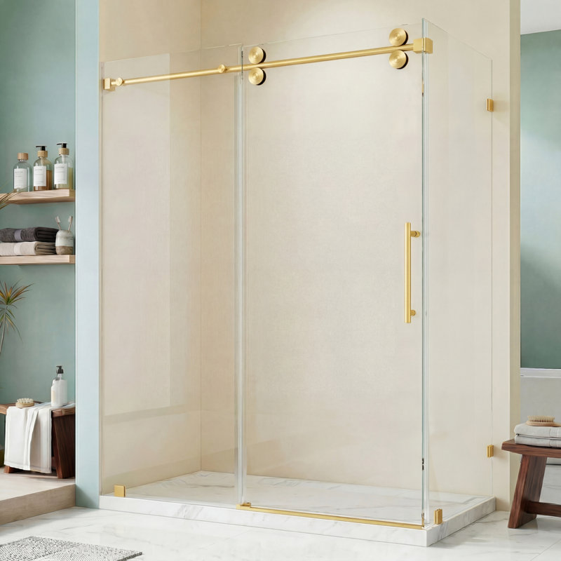 48" W X 35" D X 76" H Sliding Frameless Shower Enclosure With 3/8 Inch Tempered Glass, Brushed Gold, 35"