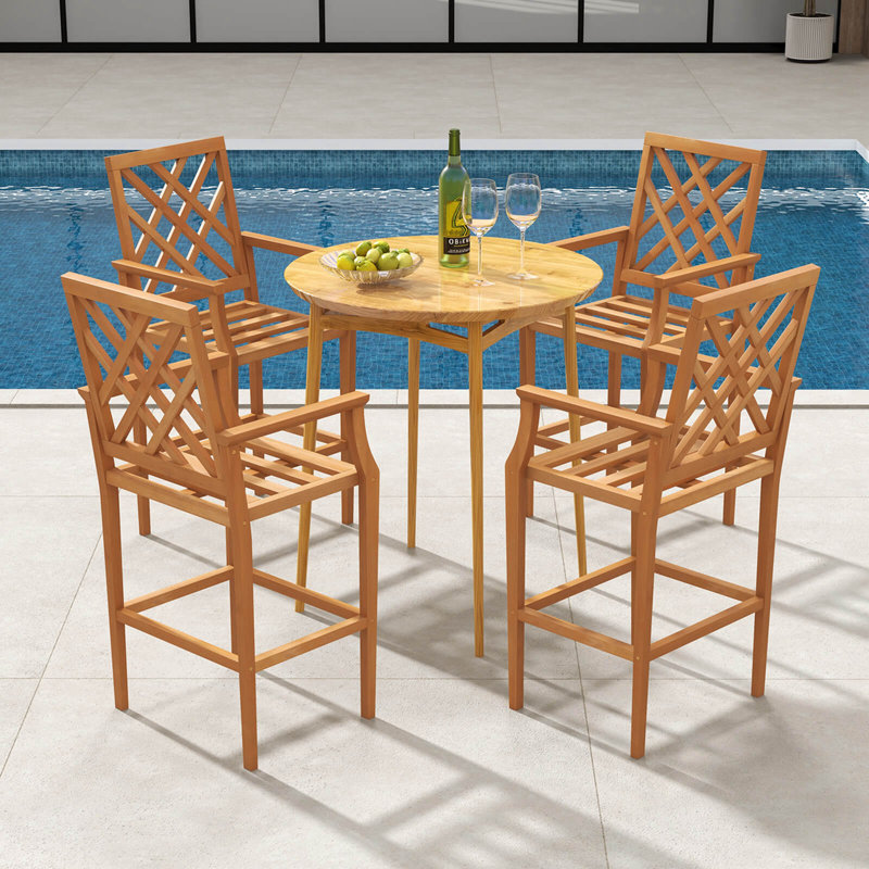 Tabouret de bar en bois de teck de patio avec accoudoirs et repose-pieds ergonomiques pour l'extérieur, 1