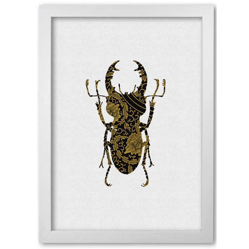 Black And Gold Beetle II - Print, 42 cm H x 30 cm W x 5 cm D, White Grain Frame