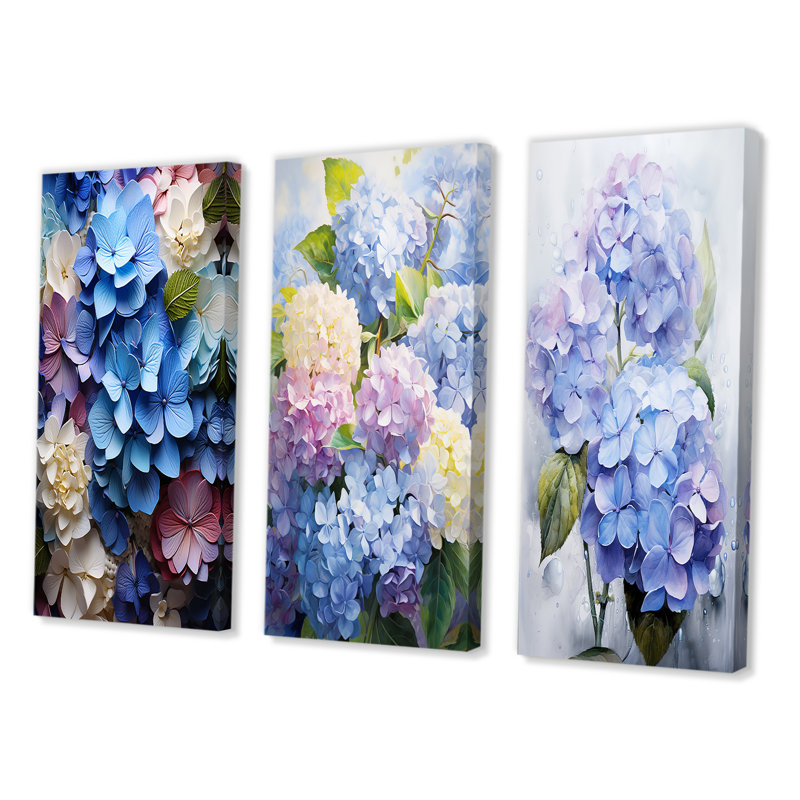 «Blue Hydrangea Garden Enchantment», 3 pièces sur toile, Toile tendue, H 40 po x l 60 po