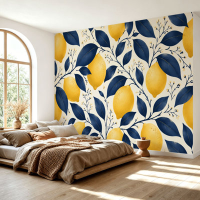 Papier peint adhésif peler et coller fruits pastel transparent citrons bleus feuilles jaune vif autocollant amovible papier contact mural pour le salon Chambre H 69 po x l 96 po