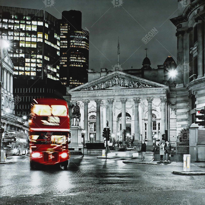 Grayscale Pantheon with Red Bus Canvas | Gray Framed Decor
