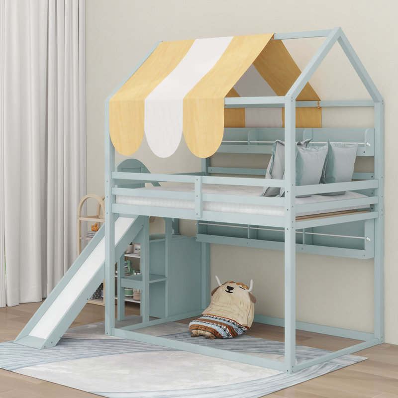 Full Size House Bed With Canopy, Slide & Built-In Bookshelves, Light Green
