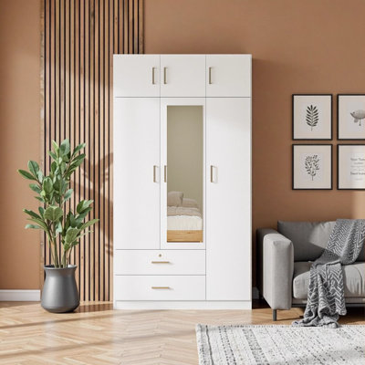 Armoire à miroir 3 portes avec 2 tiroirs et armoire supérieure, placard en panneau de particules blanc moderne avec miroir de rangement pleine longueur