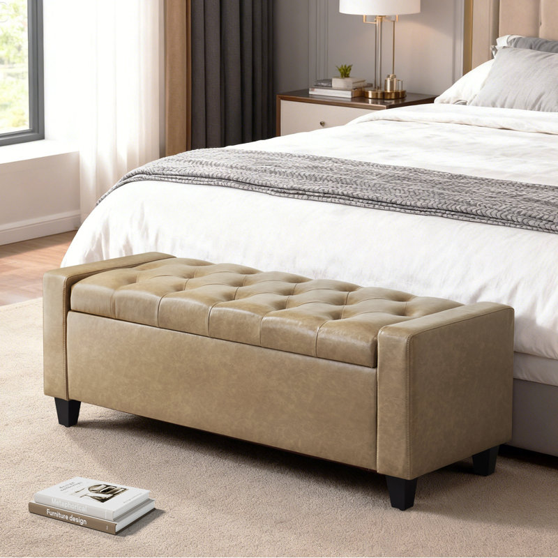 Faux Leather Upholstered Storage Bench, Khaki