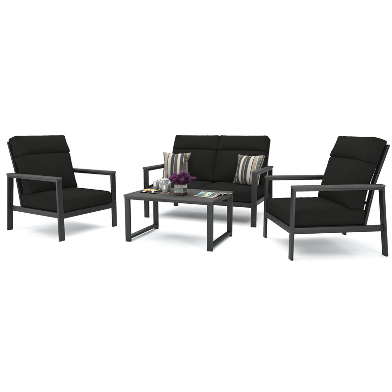 Ensemble de conversation pour 4 personnes avec coussins Sunbrella® Mehar, Toile noire, Gris foncé / Gris