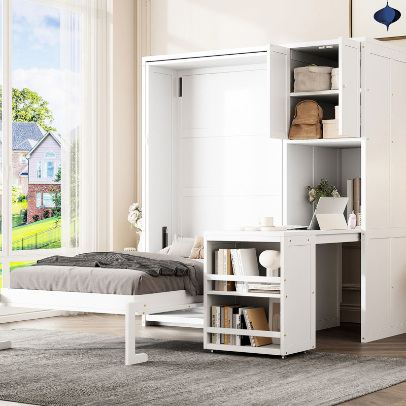 Lit rotatif blanc simple avec bibliothèque, armoire supérieure pour le rangement de la literie, bureau coulissant et zones polyvalentes latérales adaptées