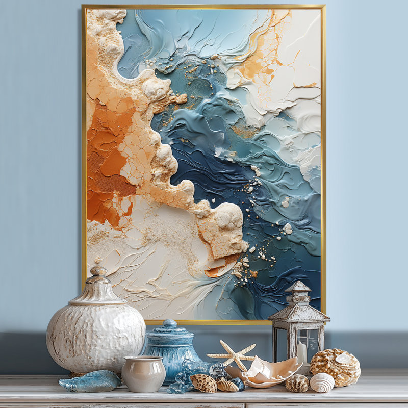 Combat de vagues moderne bleu sarcelle - art mural abstrait, H 44 po x l 34 po x P 1,5 po, Cadre simple argenté
