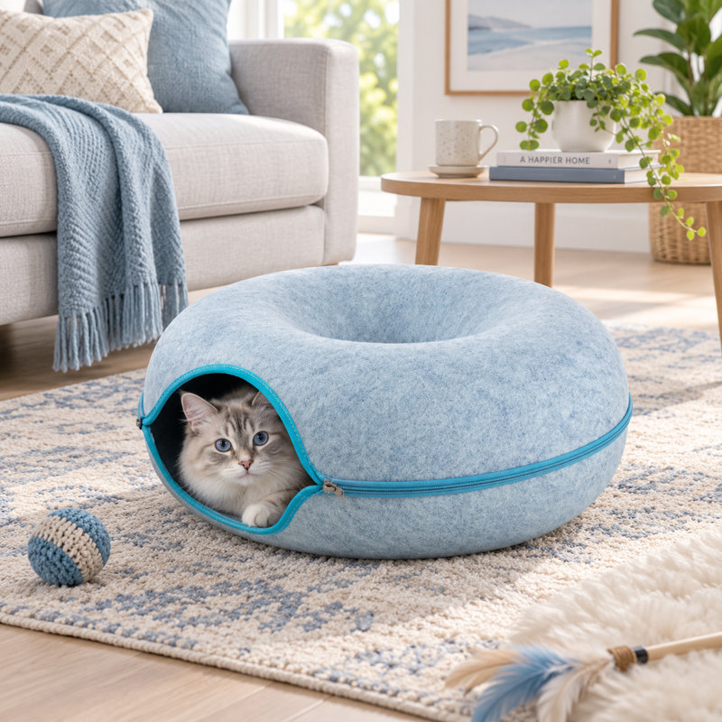Grand lit tunnel pour chats d'intérieur, Bleu