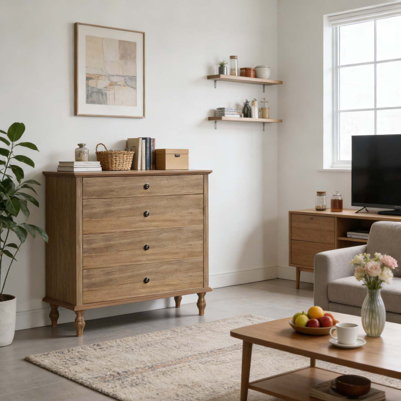 Armoire de rangement classique à 4 tiroirs, Natural & Light Brown,Rustic Brown