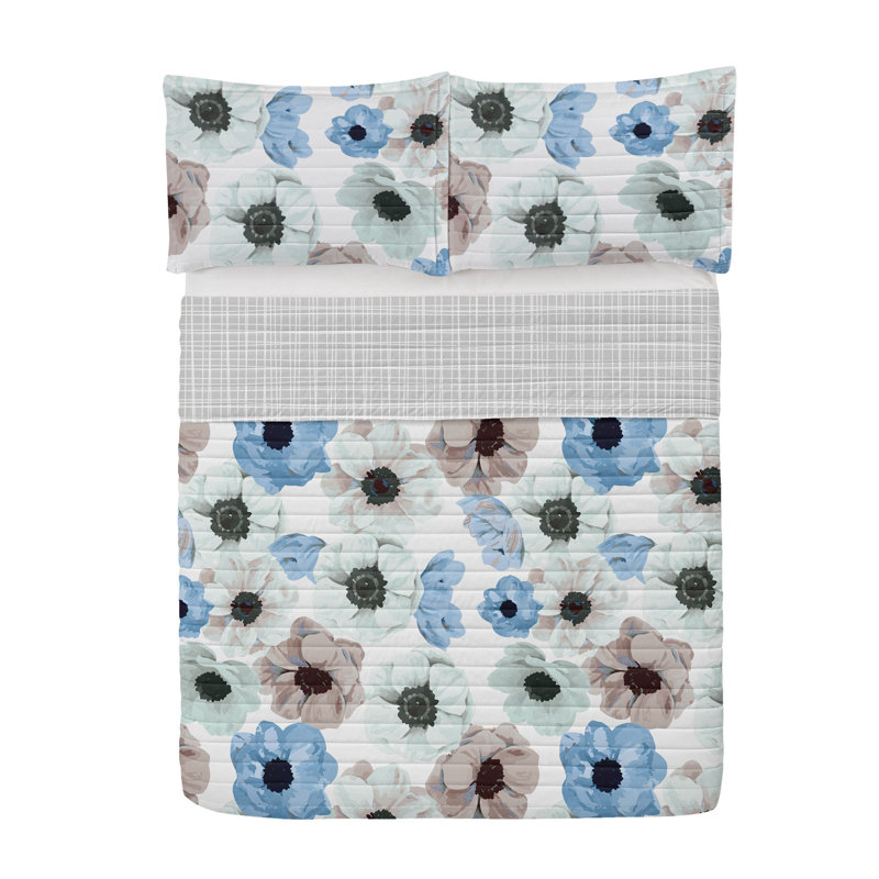 Queen Sky Blue Warm Taupe Microfiber Reversible Bedspread Set