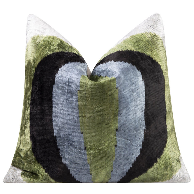 Coussin décoratif en velours fait à la main - 16 po x 16 po, teint naturellement végétal, avec duvet de plumes de qualité supérieure - vert, noir et abstrait, décoration luxueuse