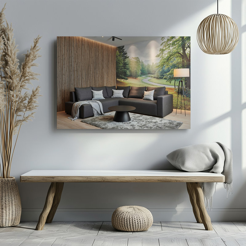 Toile Un confortable salon avec canapé modulaire gris foncé moelleux orné de coussins décoratifs gris clair doux et d'un art mural sur toile