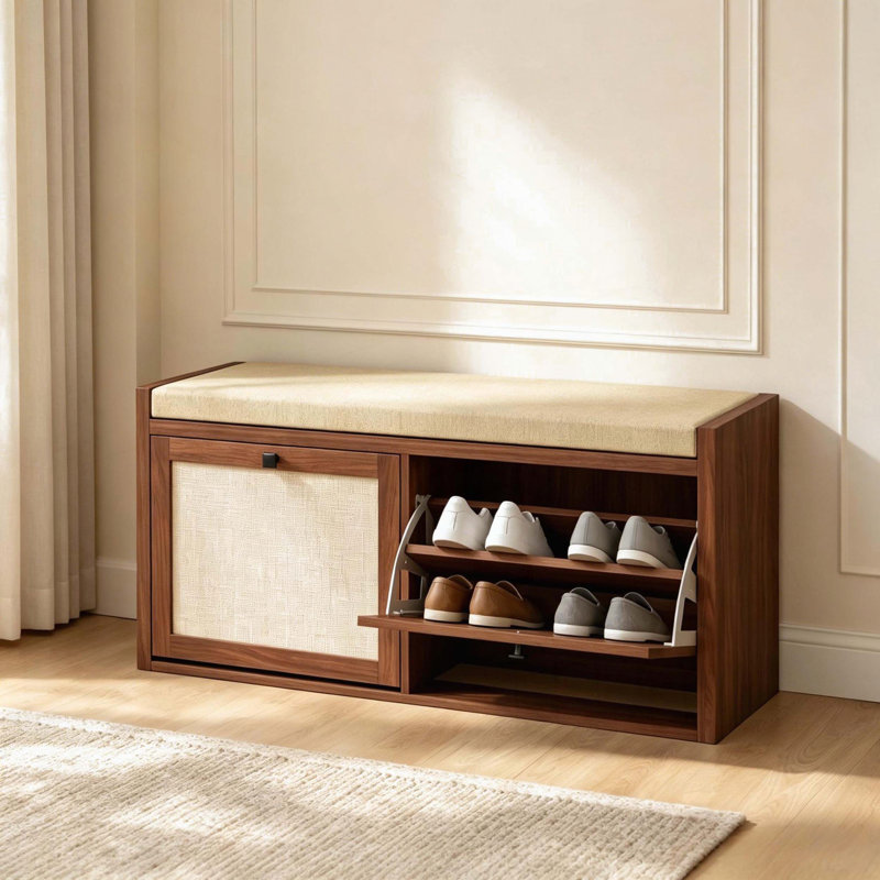Shoe Storage Bench with PE Rattan Doors