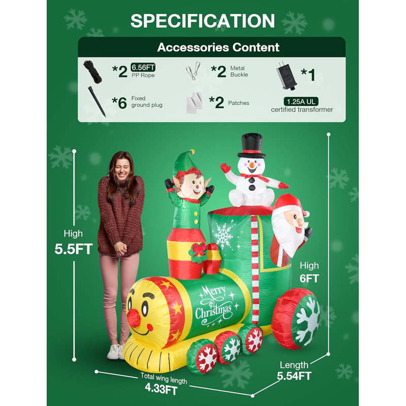 6ft Colorful Inflatable Christmas Train with Santa, Elf, and Snowman