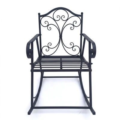 Extérieur - Chaise berçante en fer Medrano - Métal de fer rouillé noir - Conception rétro à volutes ornées - Idéal pour le patio, la terrasse, le porche, le jardin, siège d'une hauteur de 15 po
