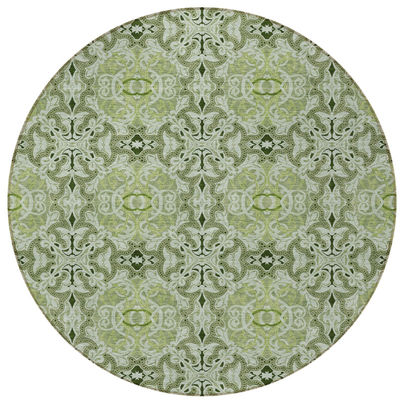 HomeRoots 8' Artichoke Green And Fern Green Round Medallion Washable Indoor Outdoor Area Rug