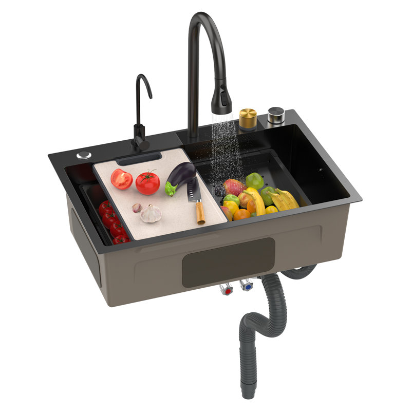 Évier de cuisine noir, évier à simple cuve en acier inoxydable, évier de poste de travail encastré / sur comptoir, évier de poste de travail de ferme avec plusieurs accessoires