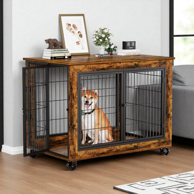 Mobilier pour cage à chien, table à cage pour chien en bois, chenil pour chien avec portes, ouverture supérieure rabattable et roulettes, cage à chien décorative pour chien