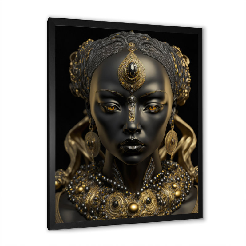 Gros plan sur une déesse africaine noire et dorée I sur toile, H 20 po x l 12 po x P 1 po, Cadre photo noir