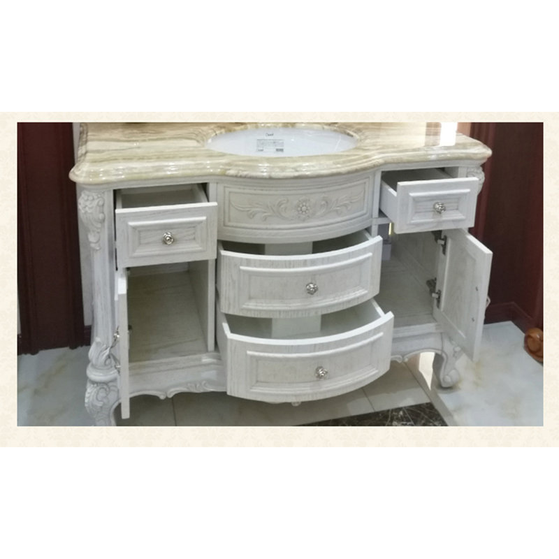 Meuble-lavabo en chêne de style européen avec plateau en marbre et sculptures, White