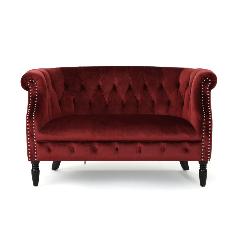 Causeuse Chesterfield en velours à accoudoirs roulés 51,5 po Charlotte, Verlour grenat