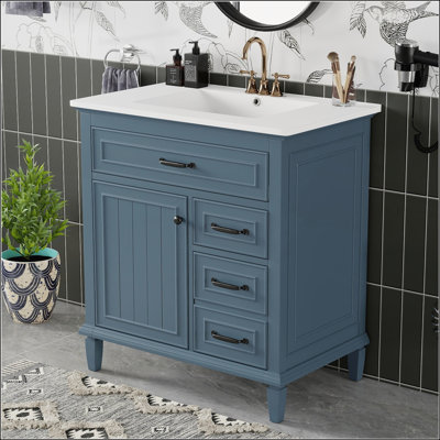 30 Inch Bathroom Vanity with Ceramic Sink, Solid Wood Frame, Flip Drawers, Adjustable Shelf, and Zinc Alloy Handles