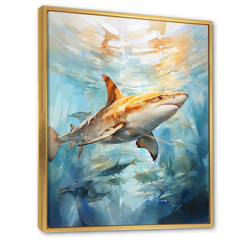 Voile d'aquarelle bleu et beige sur toile, L 12 po x H 20 po, Cadre flottant doré