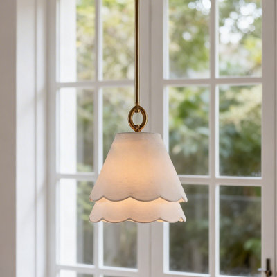 Scalloped Fabric Shade Brass Finish Pendant Light