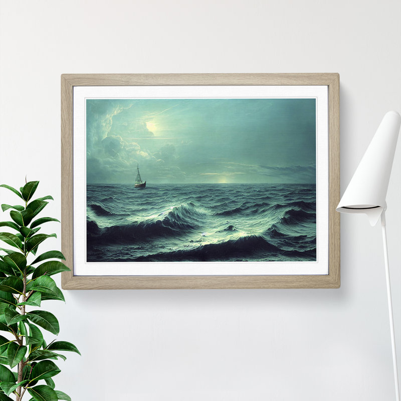 XH1022-7615X Sailing Boat On The Waves - Single Picture Frame Painting, 46cm H x 64cm W x 2cm D, Oak