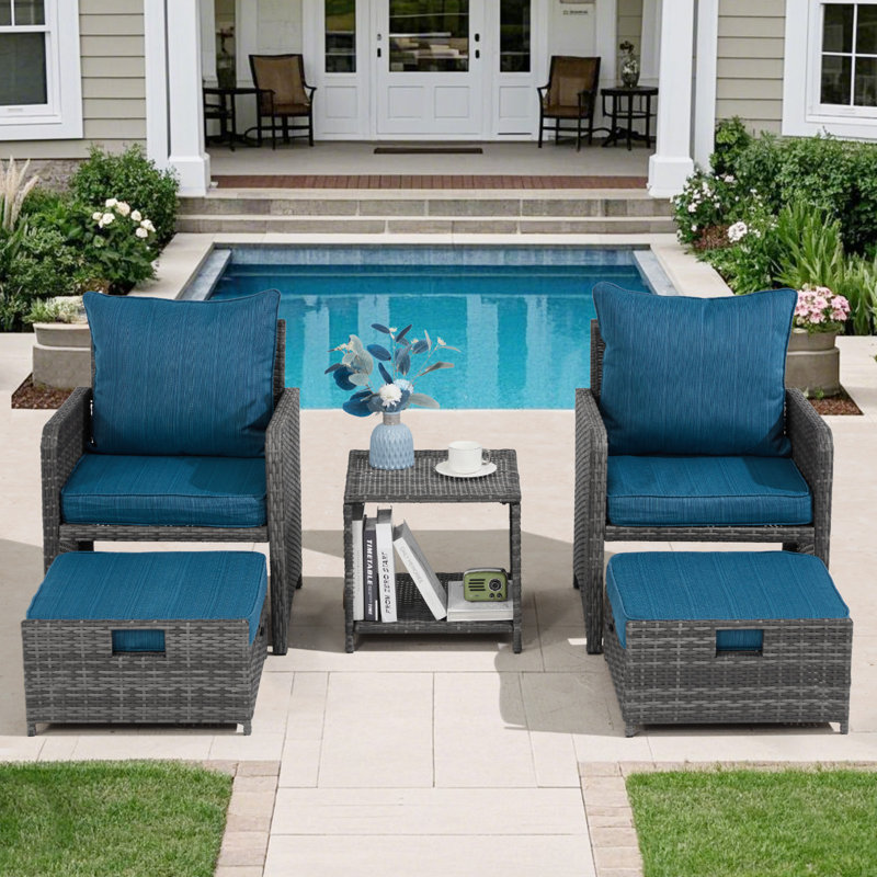 5 Piece Outdoor Patio Furniture Set With Ottomans Wicker Patio Conversation Set (Rattan), Gray, Blue