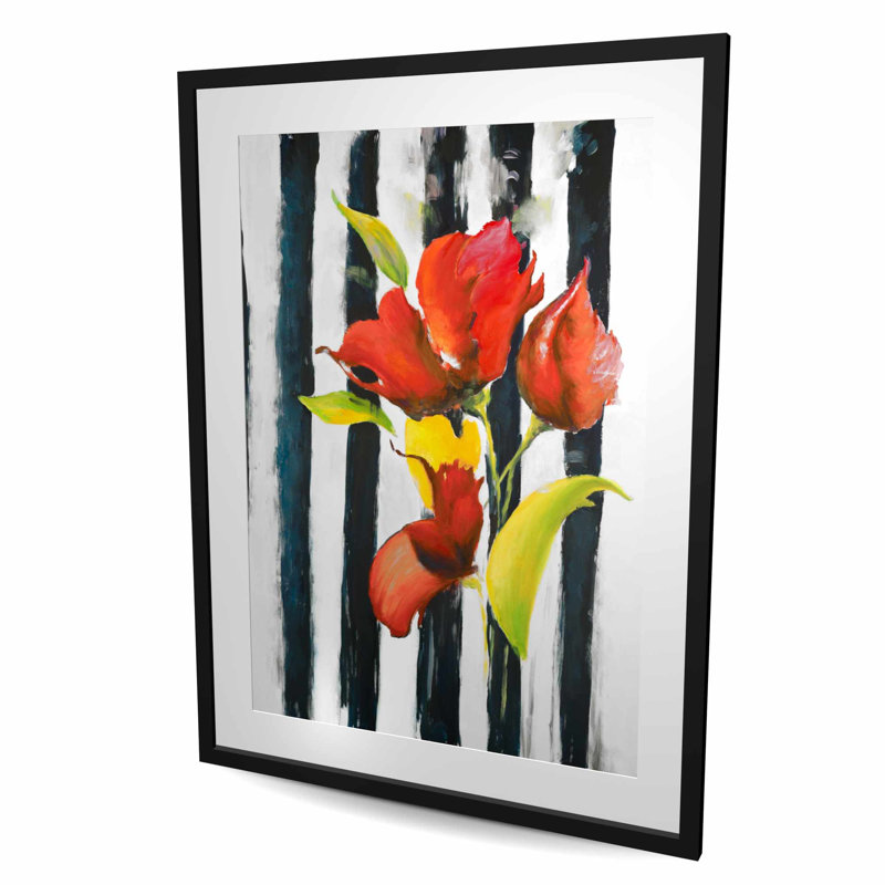 Fleurs sur rayures noires et blanches - reproduction botanique encadrée, Blanc / jaune/ noir