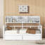 Lit de jour simple, support en lattes de bois, avec tablettes de chevet et deux tiroirs, blanc