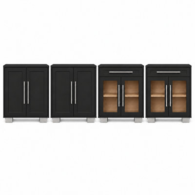 31.5" High Gloss 2 2-door Storage Cabinets And 2 2-door Glass Cabinets With 1 Drawer, Long Handles And Electroplated Legs, Black