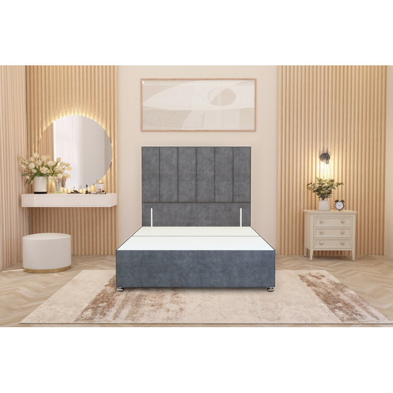 Asterin Divan Bed Base with 54" Floor Standing Headboard Plush Velvet, Kingsize (5'), Grey, 4 Drawers